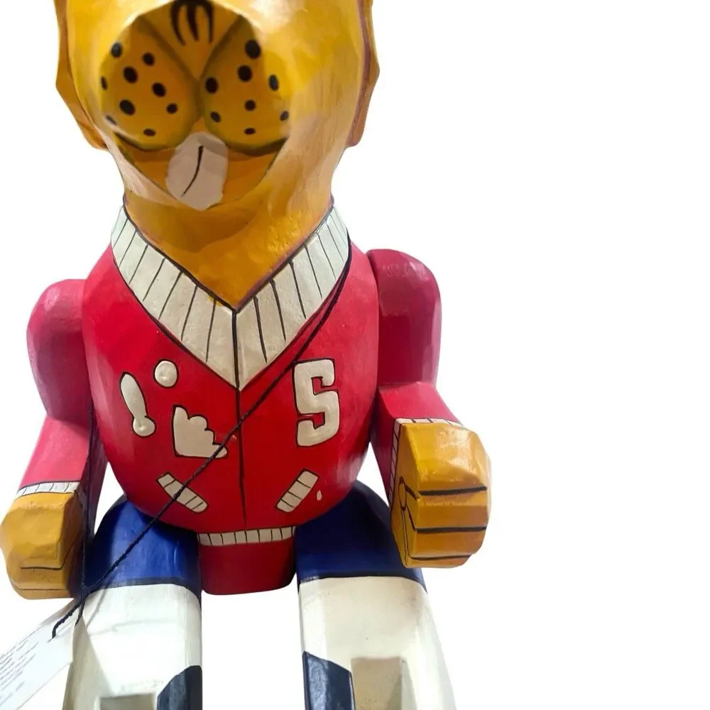 Vintage 90s Wooden Handmade Toy Dog Shelf Sitter 14” Letterman Jacket Baseball